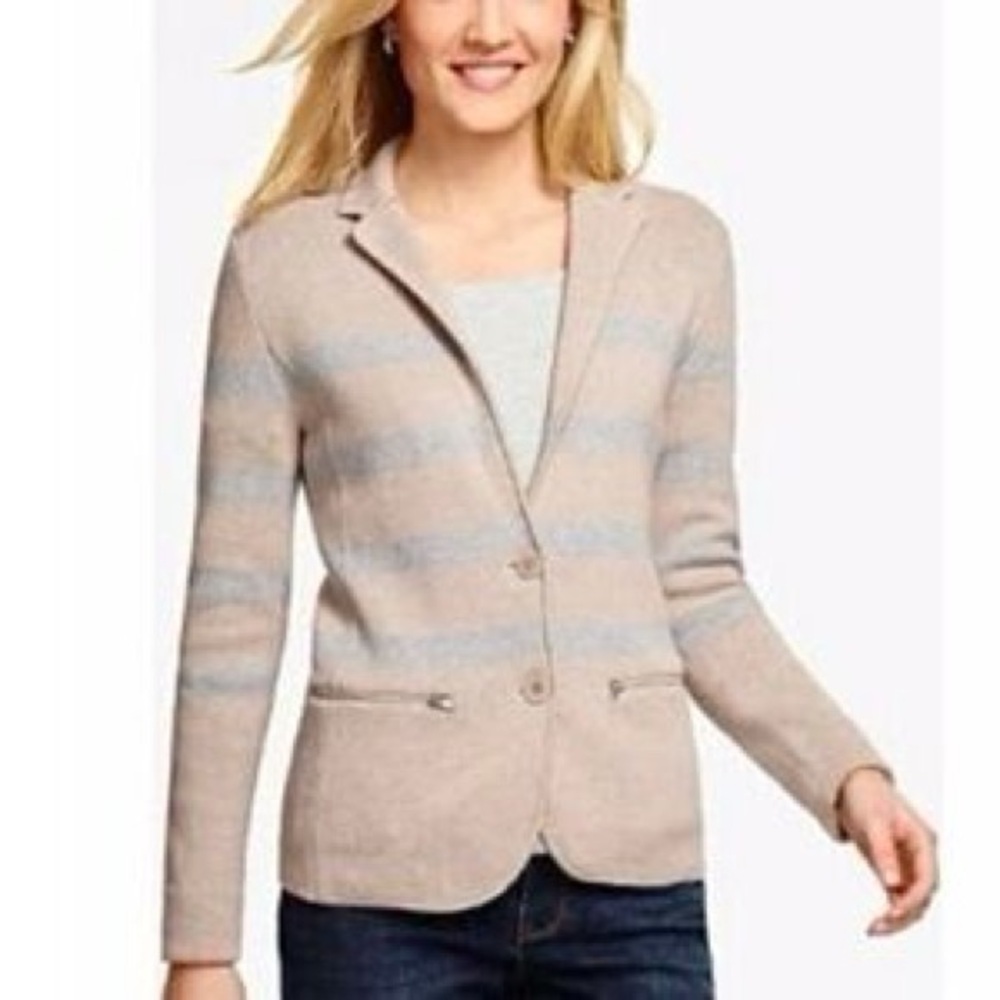 Talbots Tan & Blue Knit Blazer Cardigan Sweater Button Collar w/ Pockets NWT